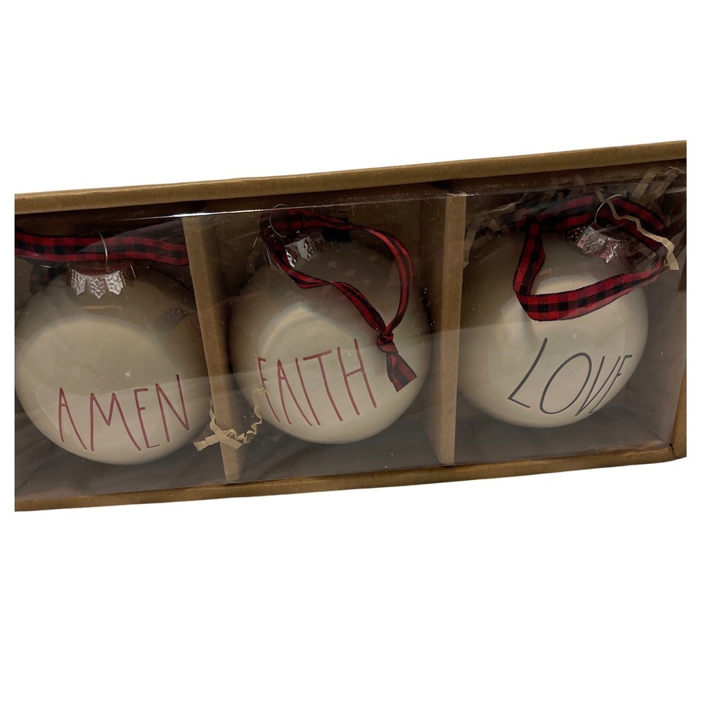 Rae Dunn Christmas Ornaments 3 Pc. Amen Faith Love Ceramic Buffalo‎ Plaid Ribbon
